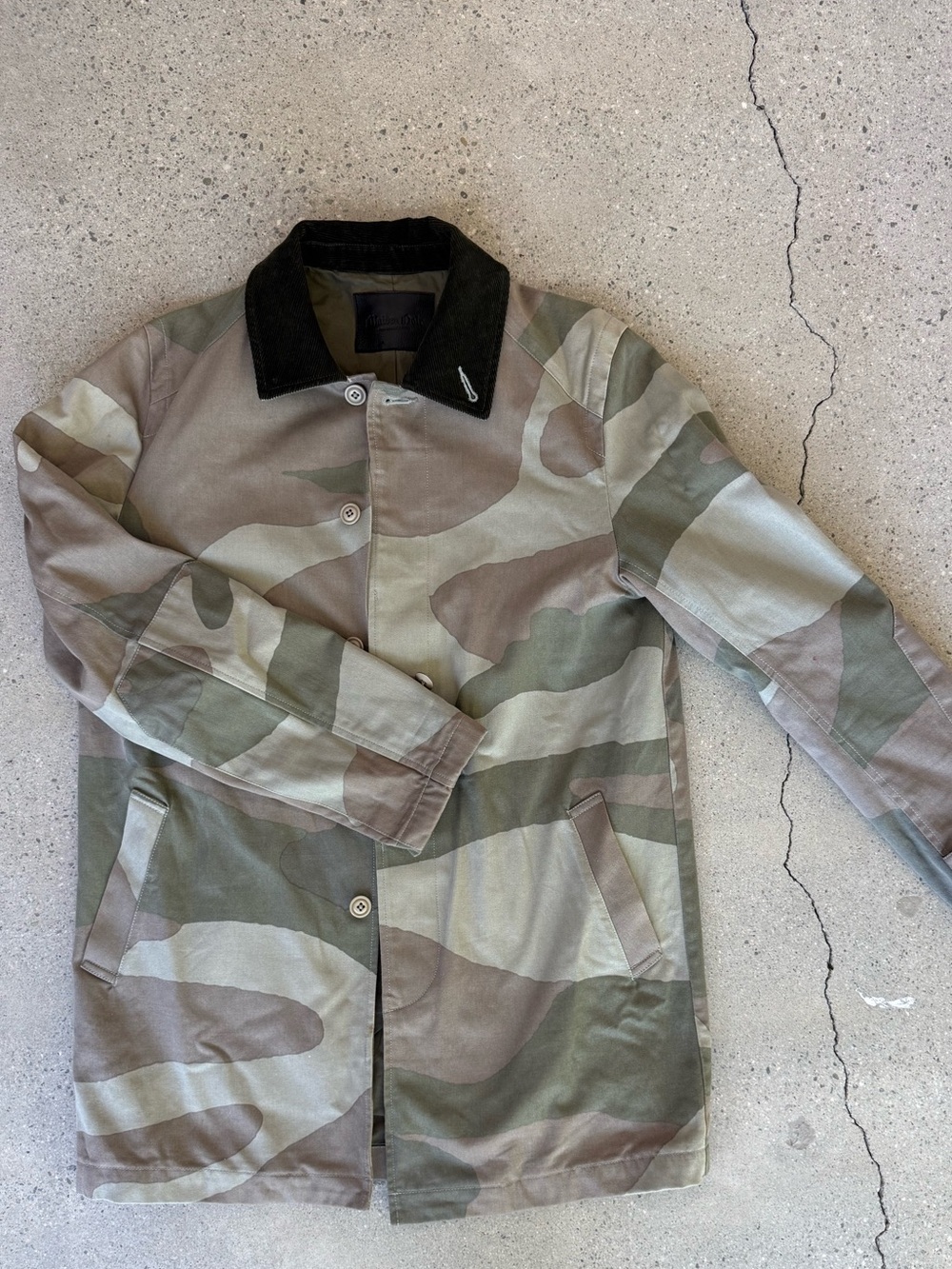 Maiden Noir Camo Barn Jacket/Trench Coat with Dark Green Corduroy collar